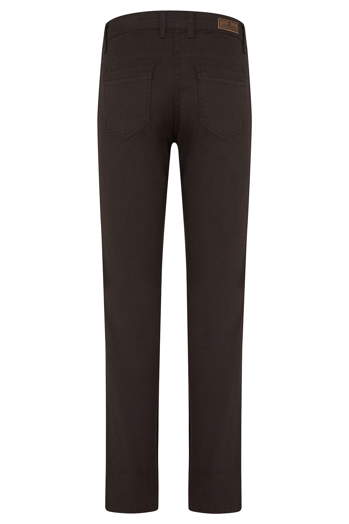 Dark brown slim-fit trousers with a subtle texture and classic back pockets.