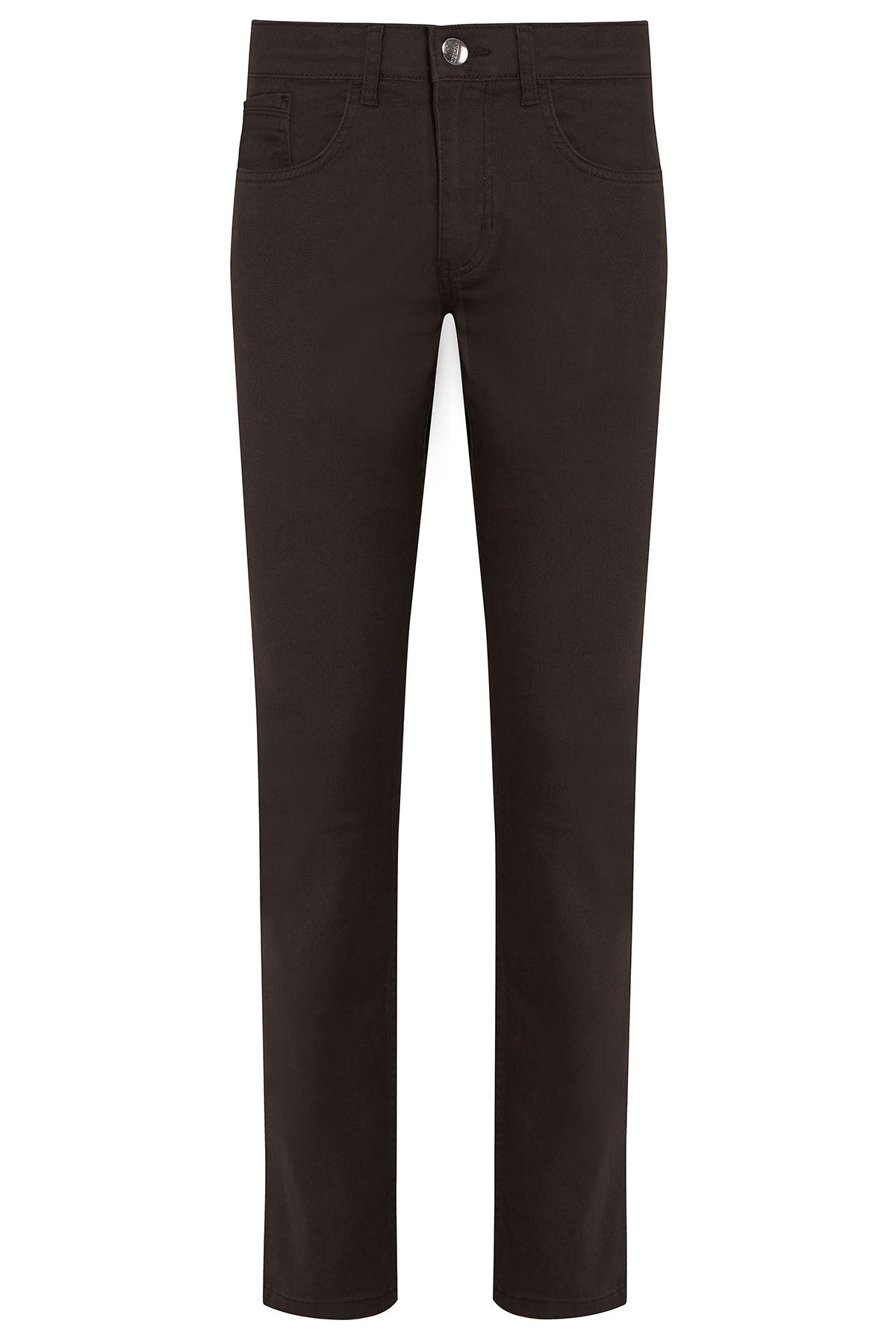 Black slim-fit trousers with a classic five-pocket design and a silver button closure.