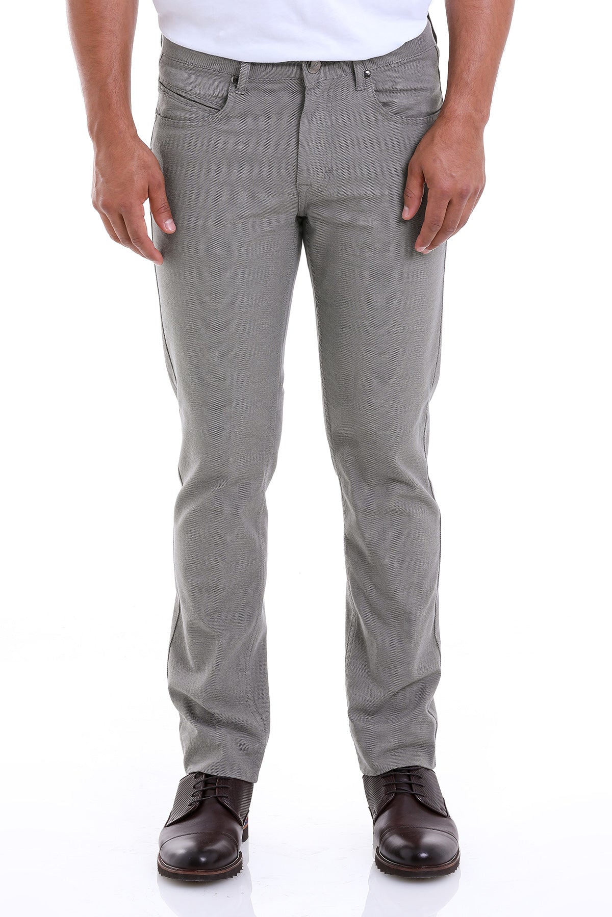 Gray slim-fit trousers made of a smooth, lightweight fabric with classic five-pocket design and subtle stitching details.