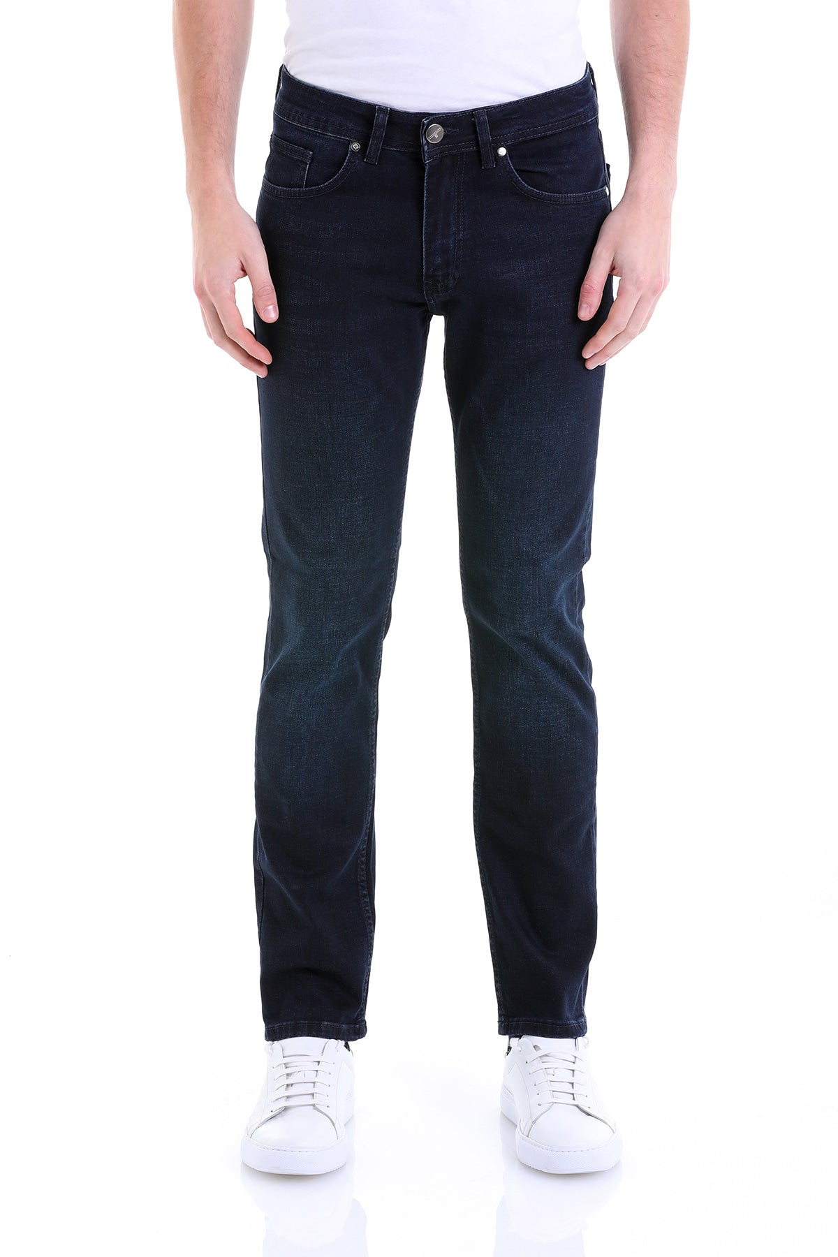 Dark wash denim jeans with a slim fit and classic five-pocket design.