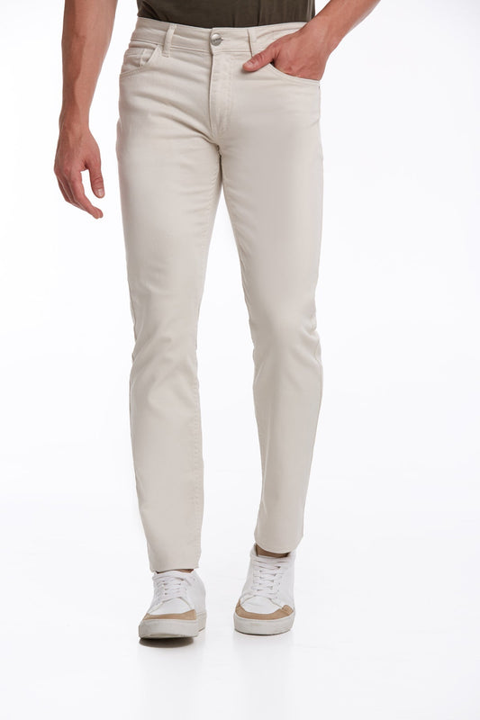 Beige slim-fit jeans with a classic five-pocket design and subtle stitching details.