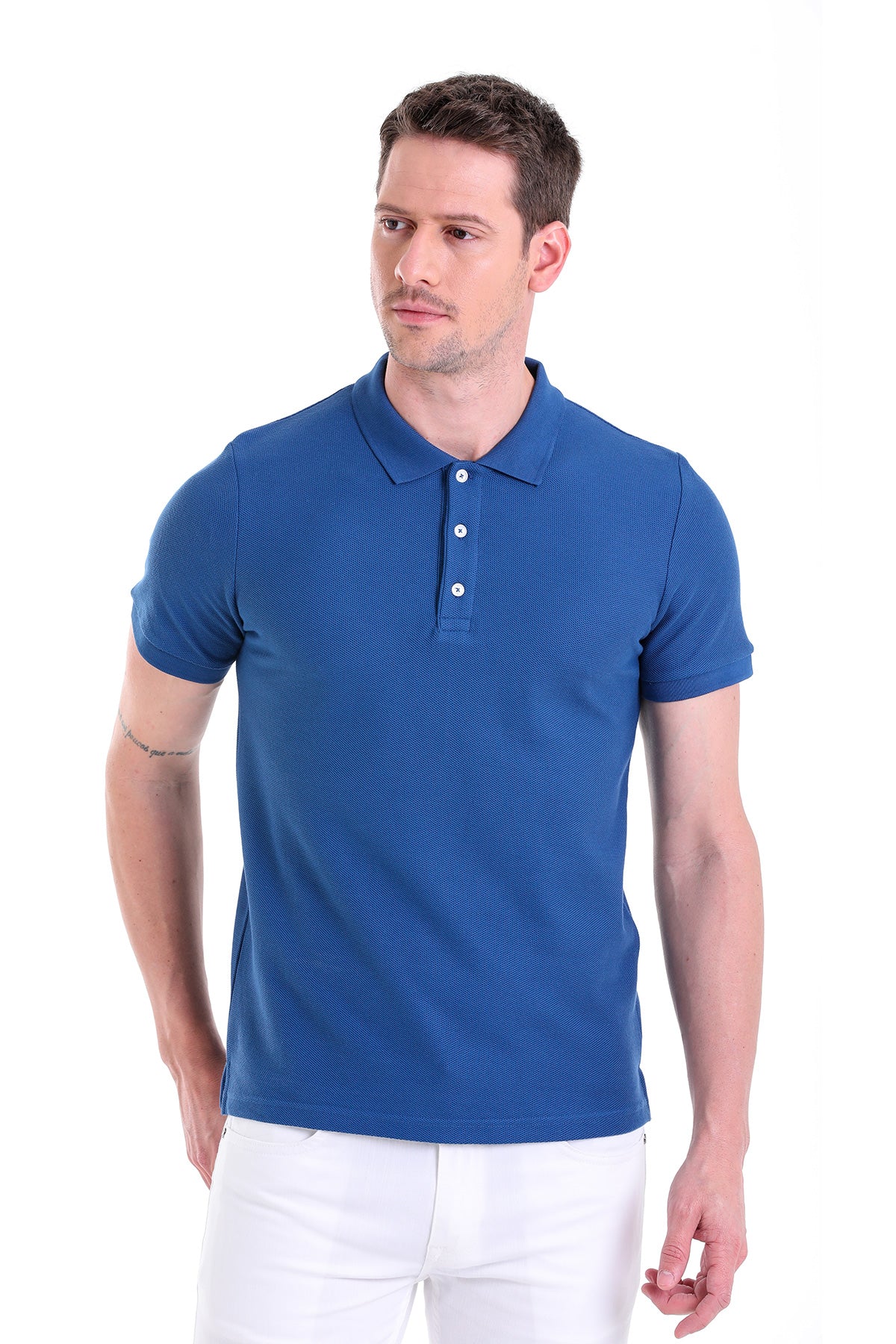 Regular Fit Basic 100% Cotton Indigo Polo T-Shirt - SAYKI