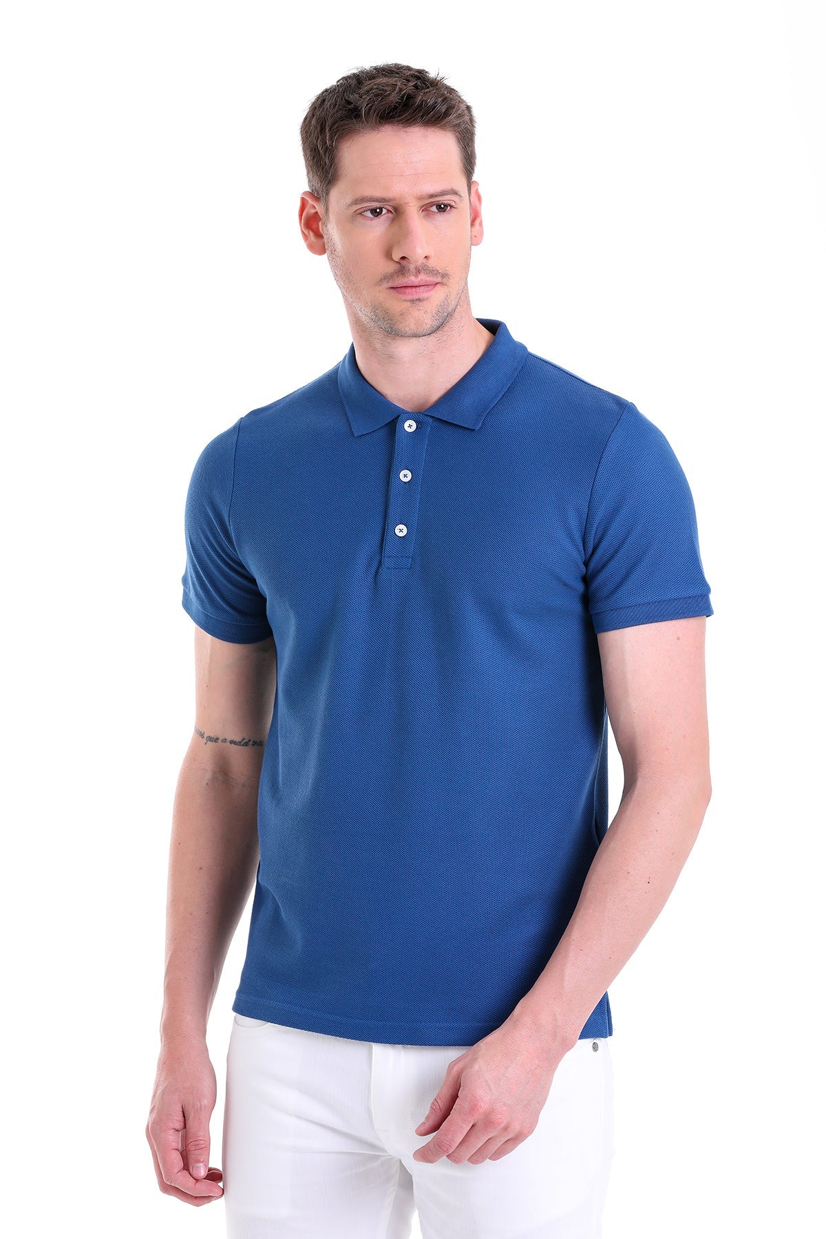 Regular Fit Basic 100% Cotton Indigo Polo T-Shirt - SAYKI