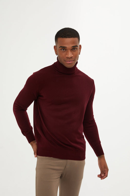 A rich burgundy turtleneck sweater with a smooth, fitted knit texture.