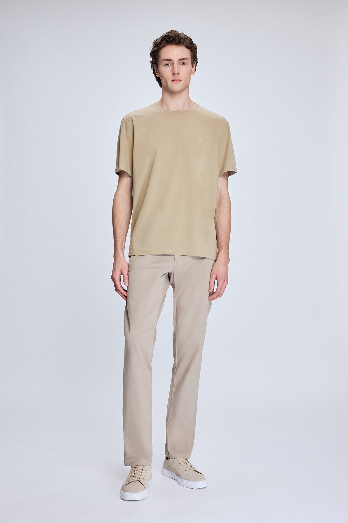 Regular Fit Beige Cotton Blend Crewneck T-Shirt - SAYKI