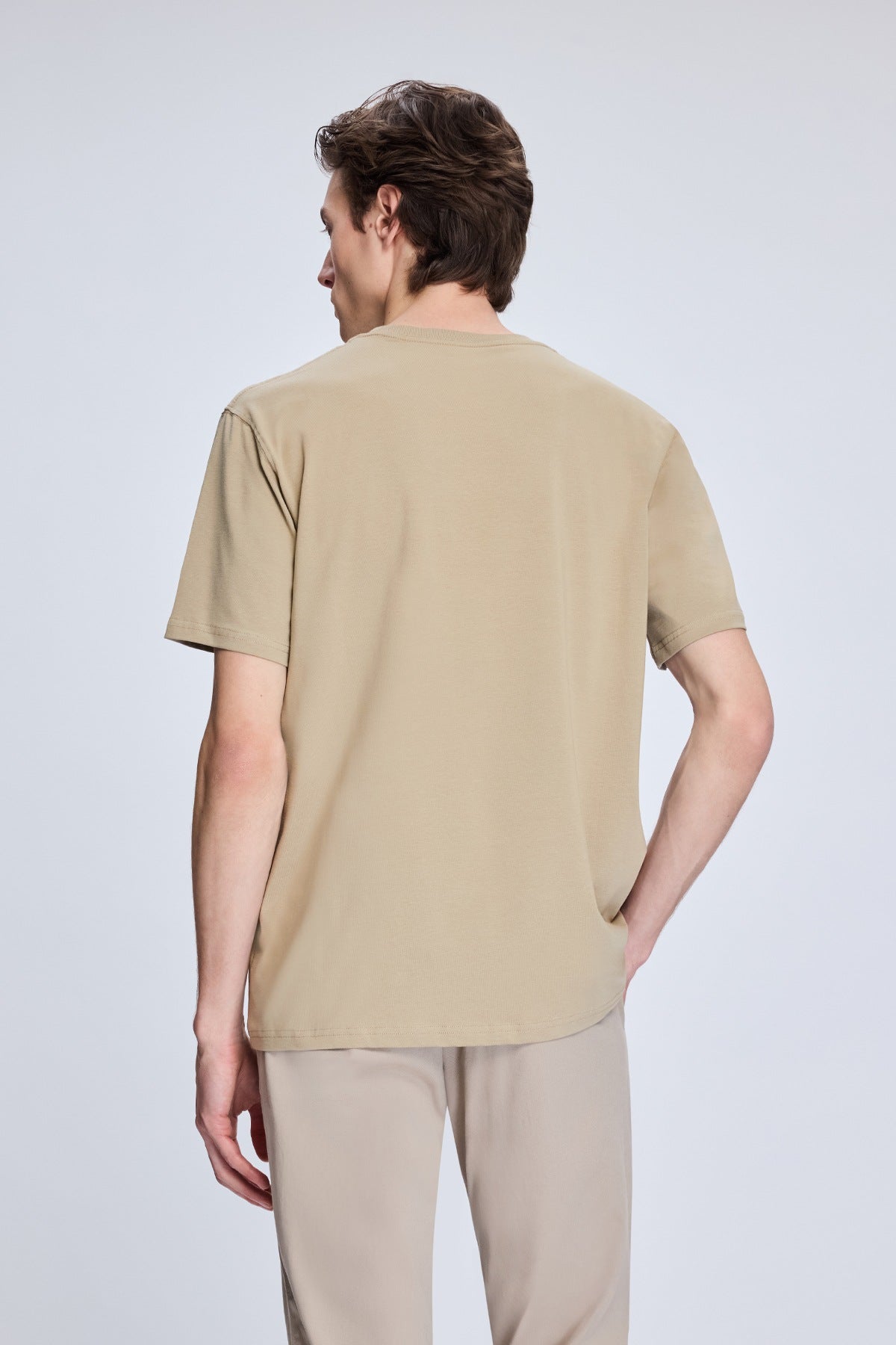 Regular Fit Beige Cotton Blend Crewneck T-Shirt - SAYKI