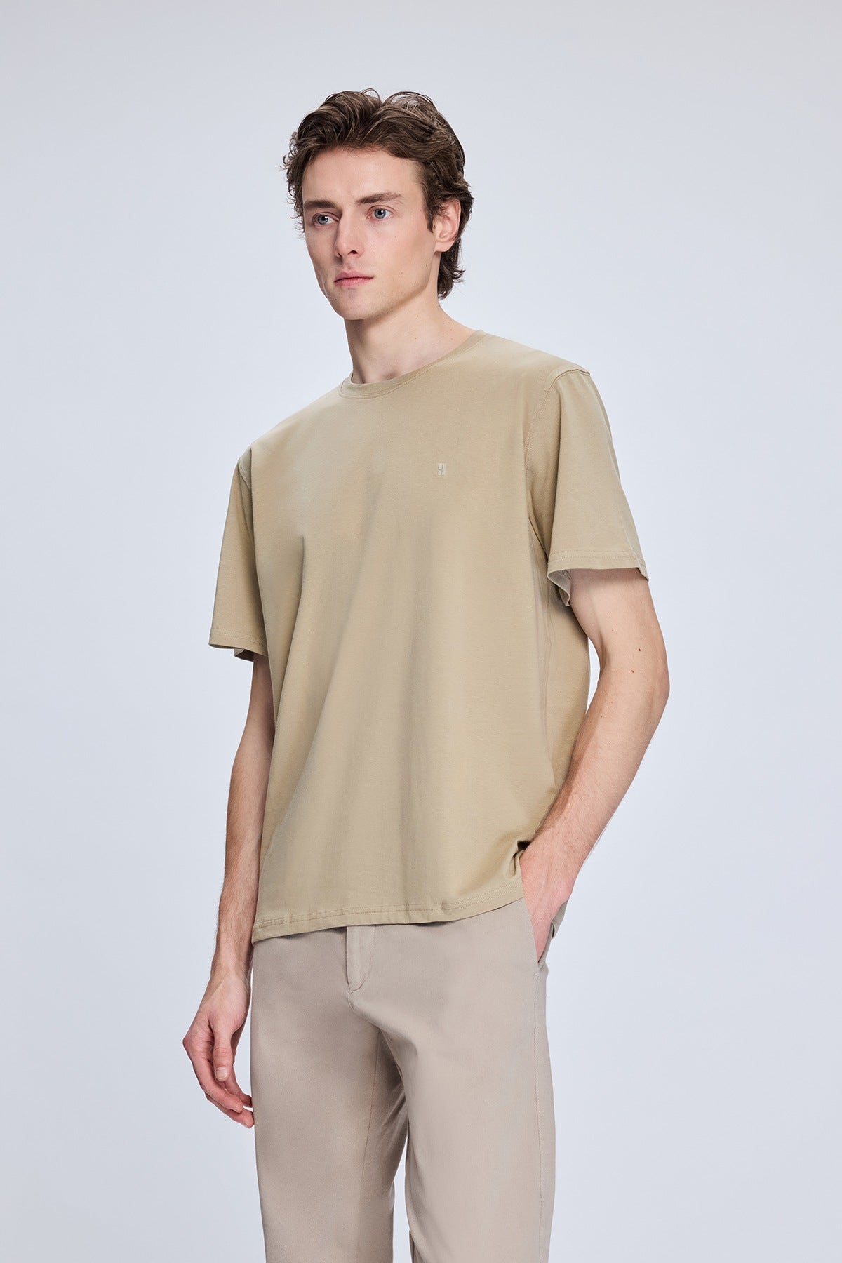 Regular Fit Beige Cotton Blend Crewneck T-Shirt - SAYKI