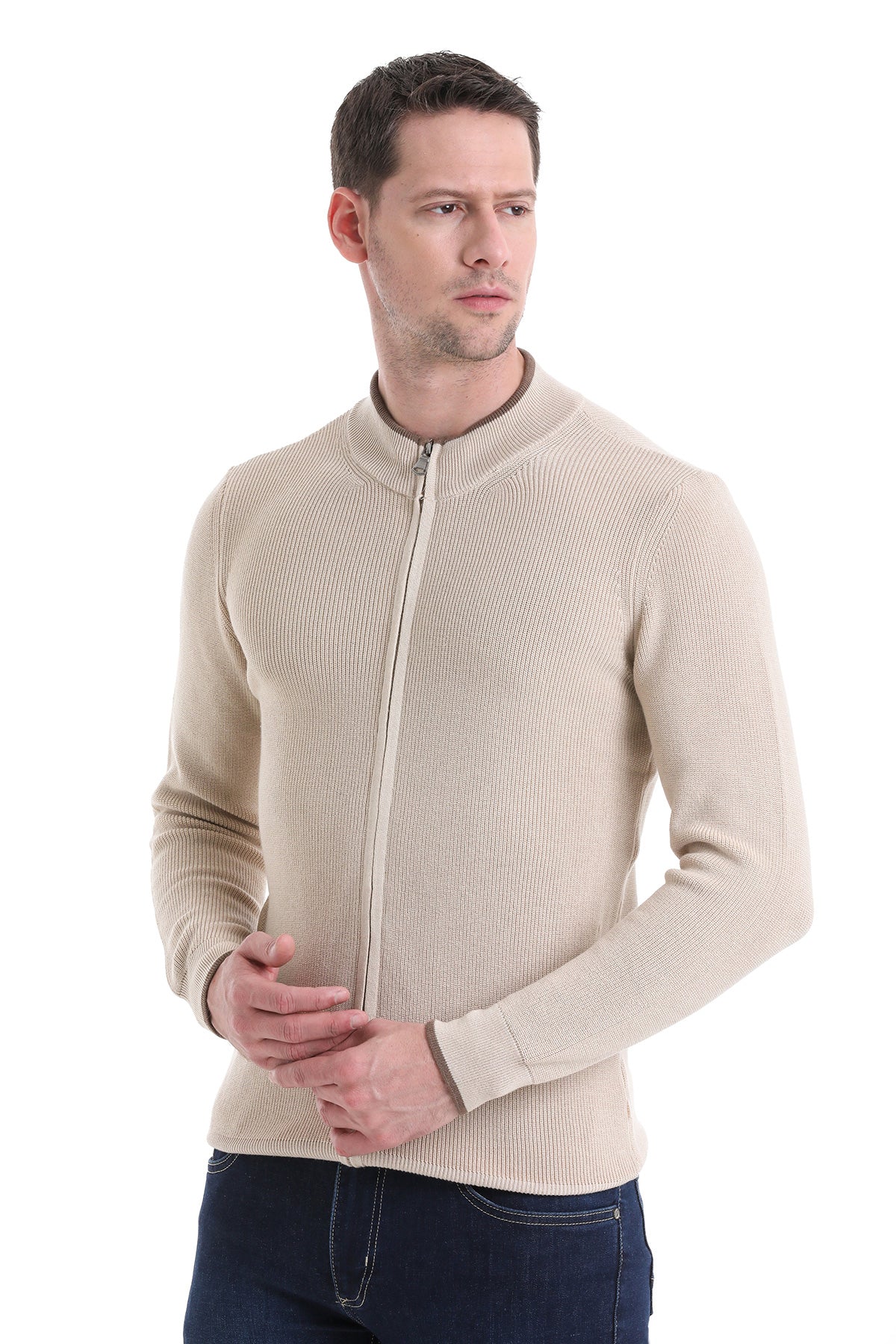 Regular Fit Beige Cotton Blend Mock Neck Cardigan - SAYKI