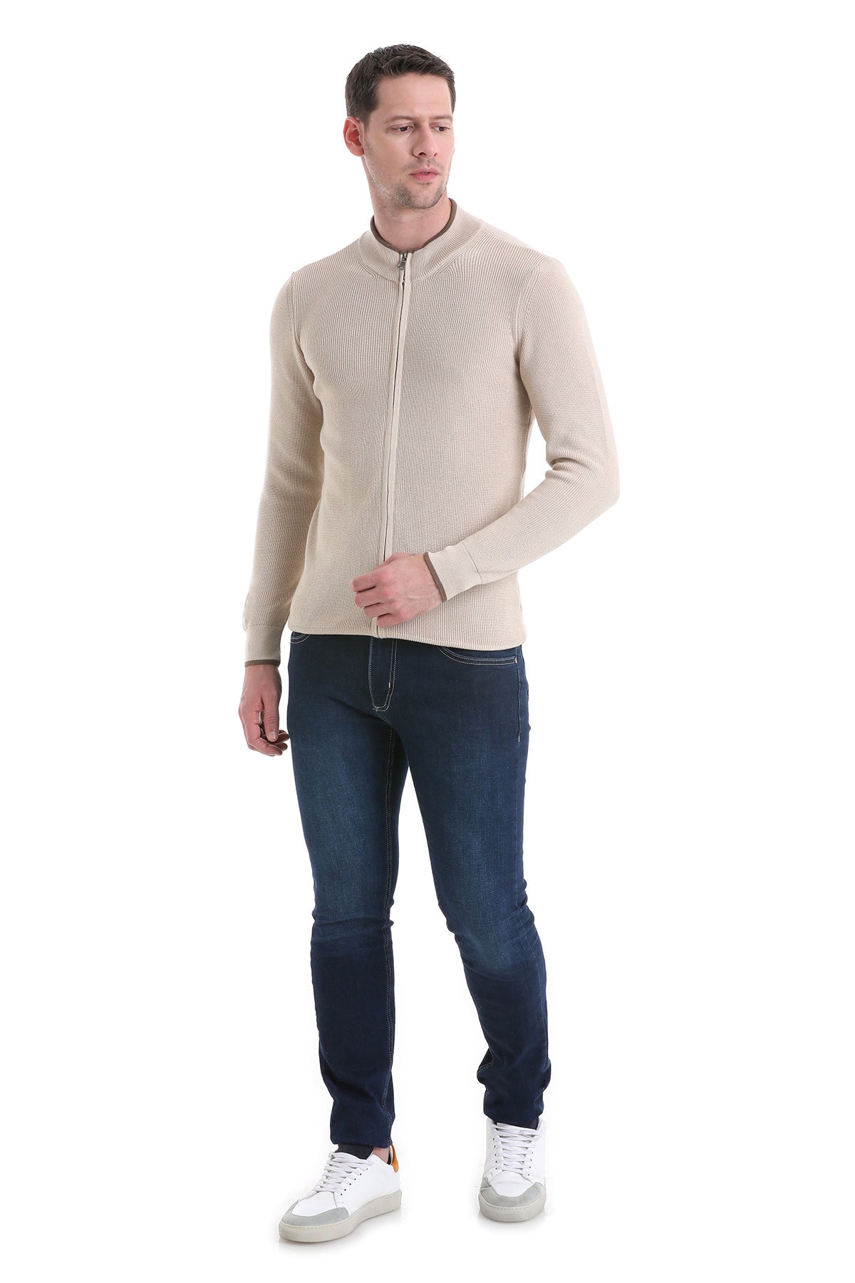 Regular Fit Beige Cotton Blend Mock Neck Cardigan - SAYKI