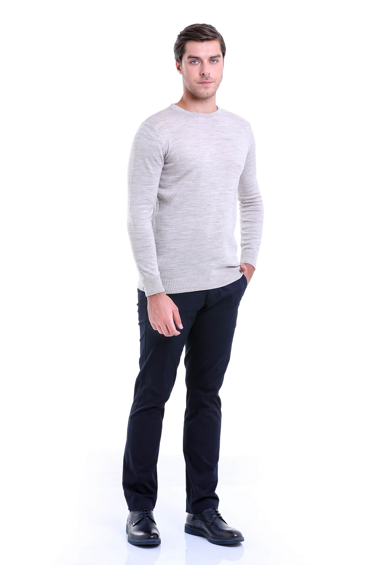 Regular Fit Beige Crewneck Sweater - SAYKI