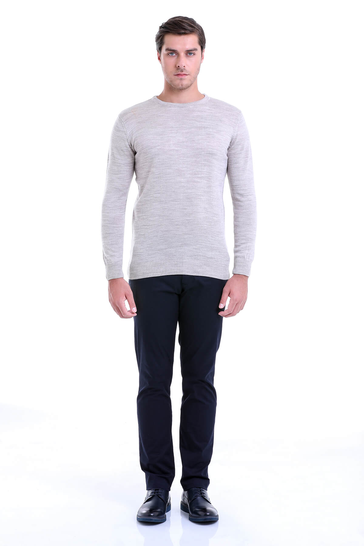 Regular Fit Beige Crewneck Sweater - SAYKI