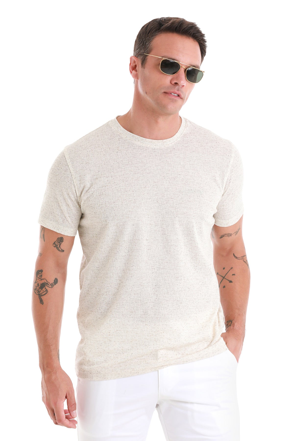 Regular Fit Beige Jacquard Cotton-Linen Blend Crewneck