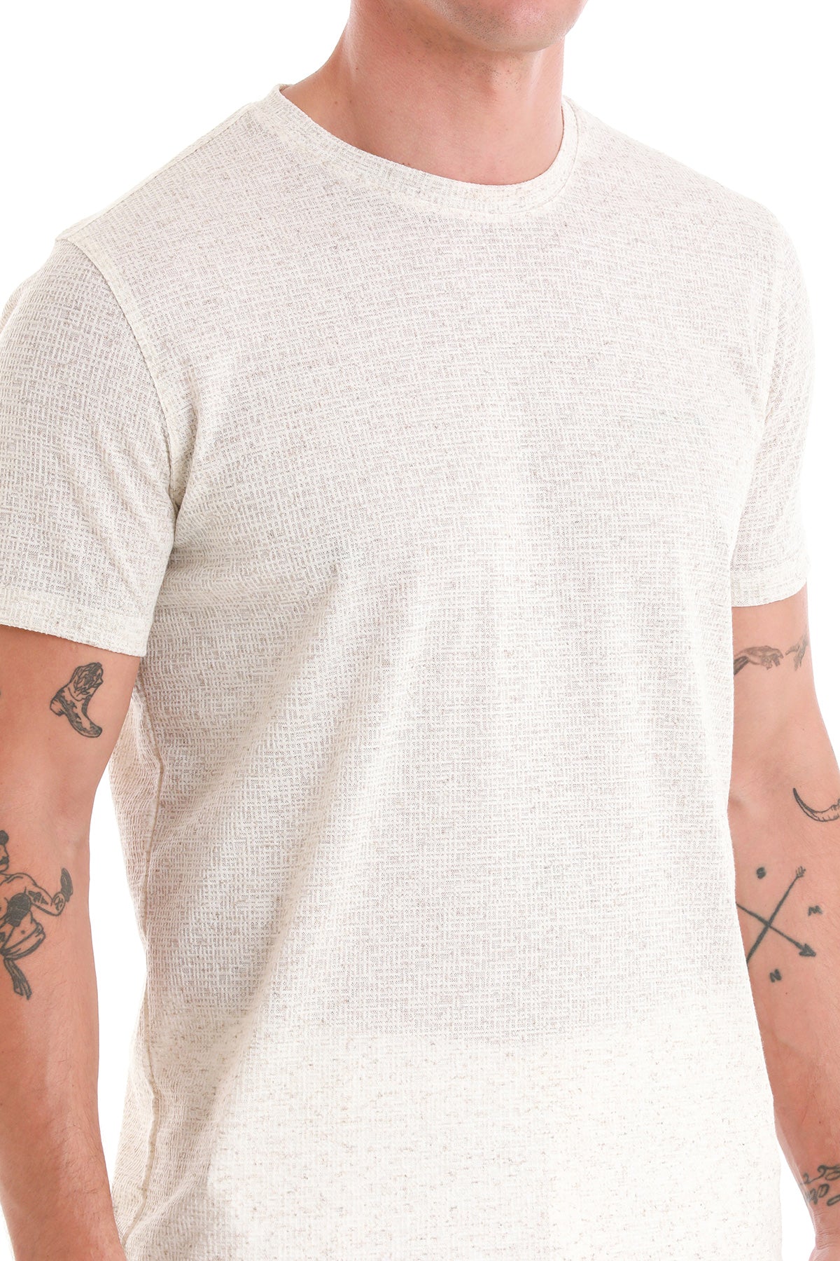 Regular Fit Beige Jacquard Cotton-Linen Blend Crewneck