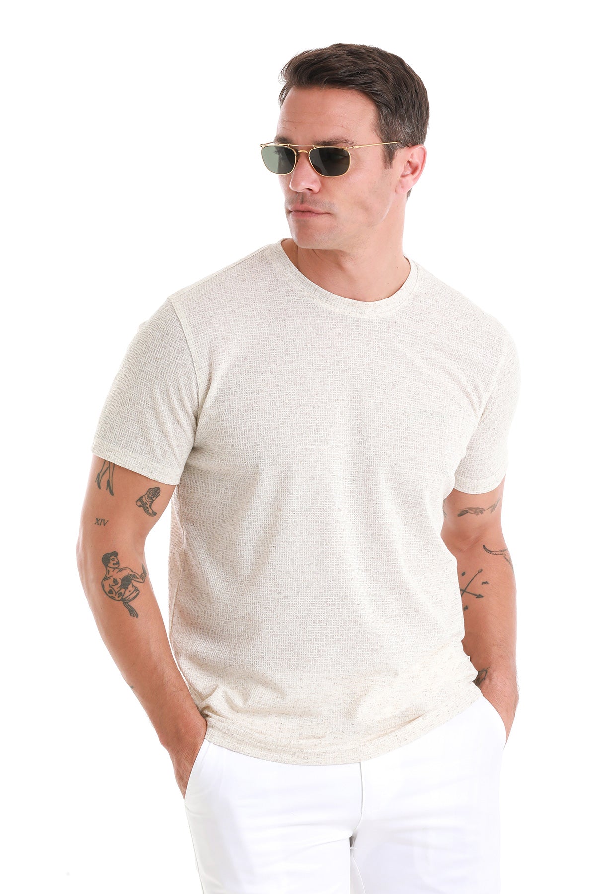 Regular Fit Beige Jacquard Cotton-Linen Blend Crewneck