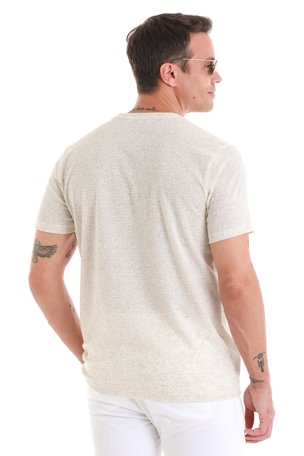 Regular Fit Beige Jacquard Cotton-Linen Blend Crewneck