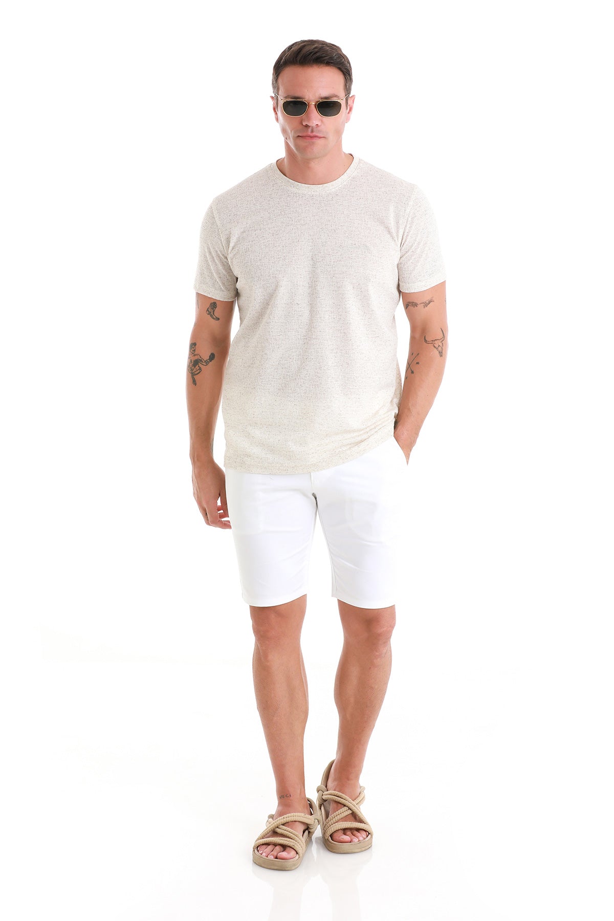 Regular Fit Beige Jacquard Cotton-Linen Blend Crewneck