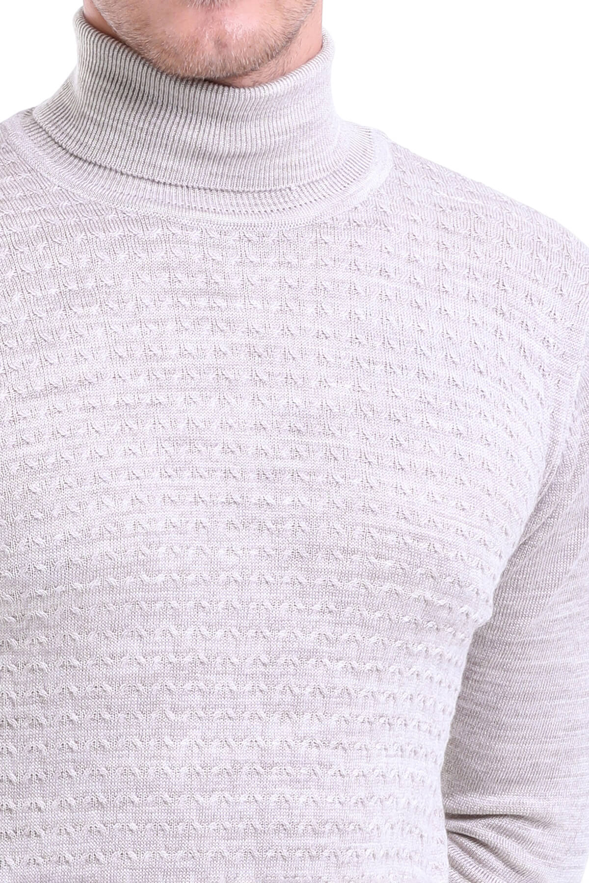 Regular Fit Beige Turtleneck Sweater - SAYKI