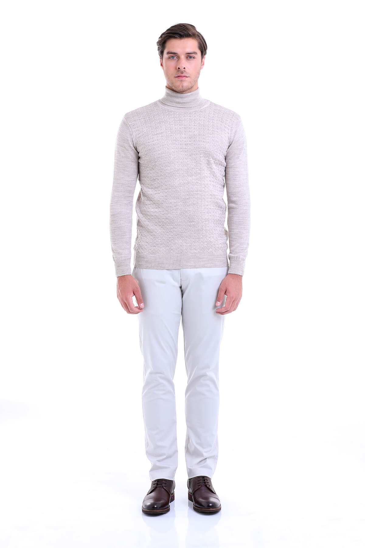 Regular Fit Beige Turtleneck Sweater - SAYKI