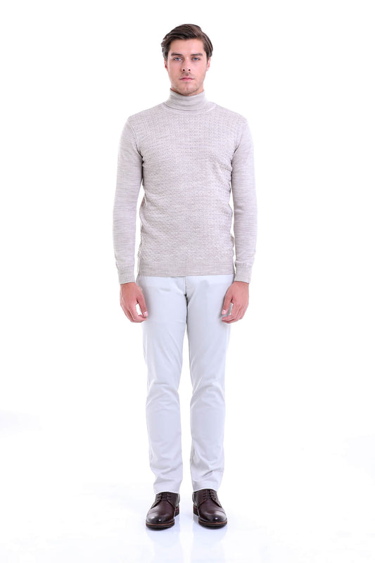 Regular Fit Beige Turtleneck Sweater - SAYKI