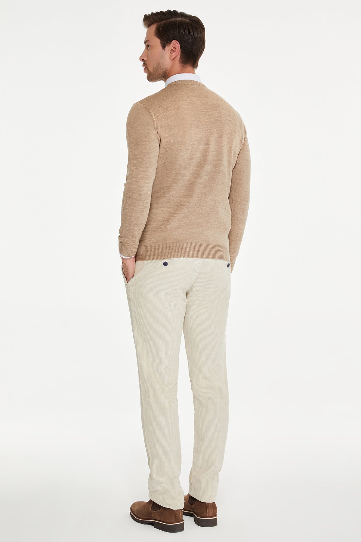 Regular Fit Beige V-Neck Sweater - SAYKI