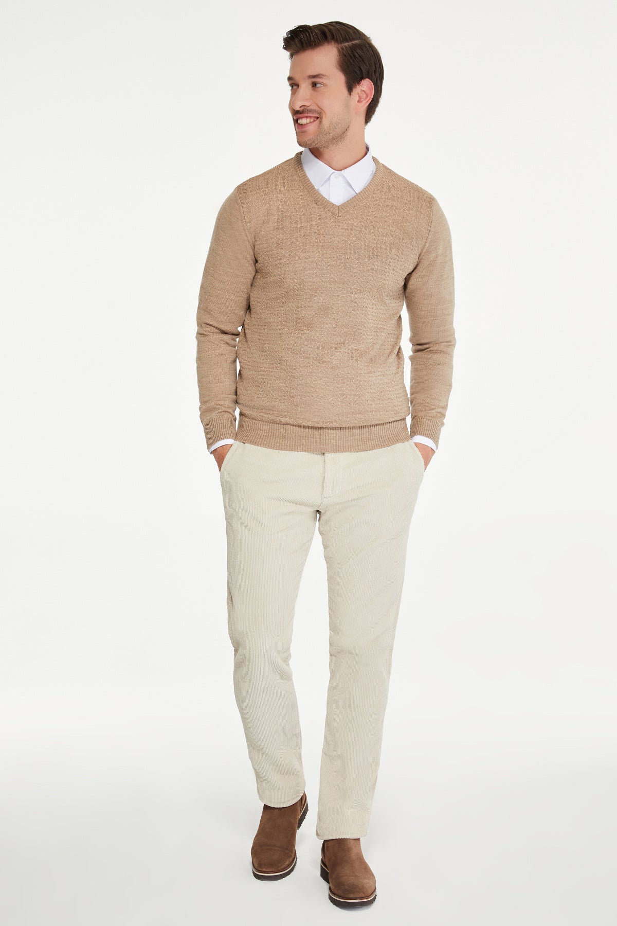 Regular Fit Beige V-Neck Sweater - SAYKI