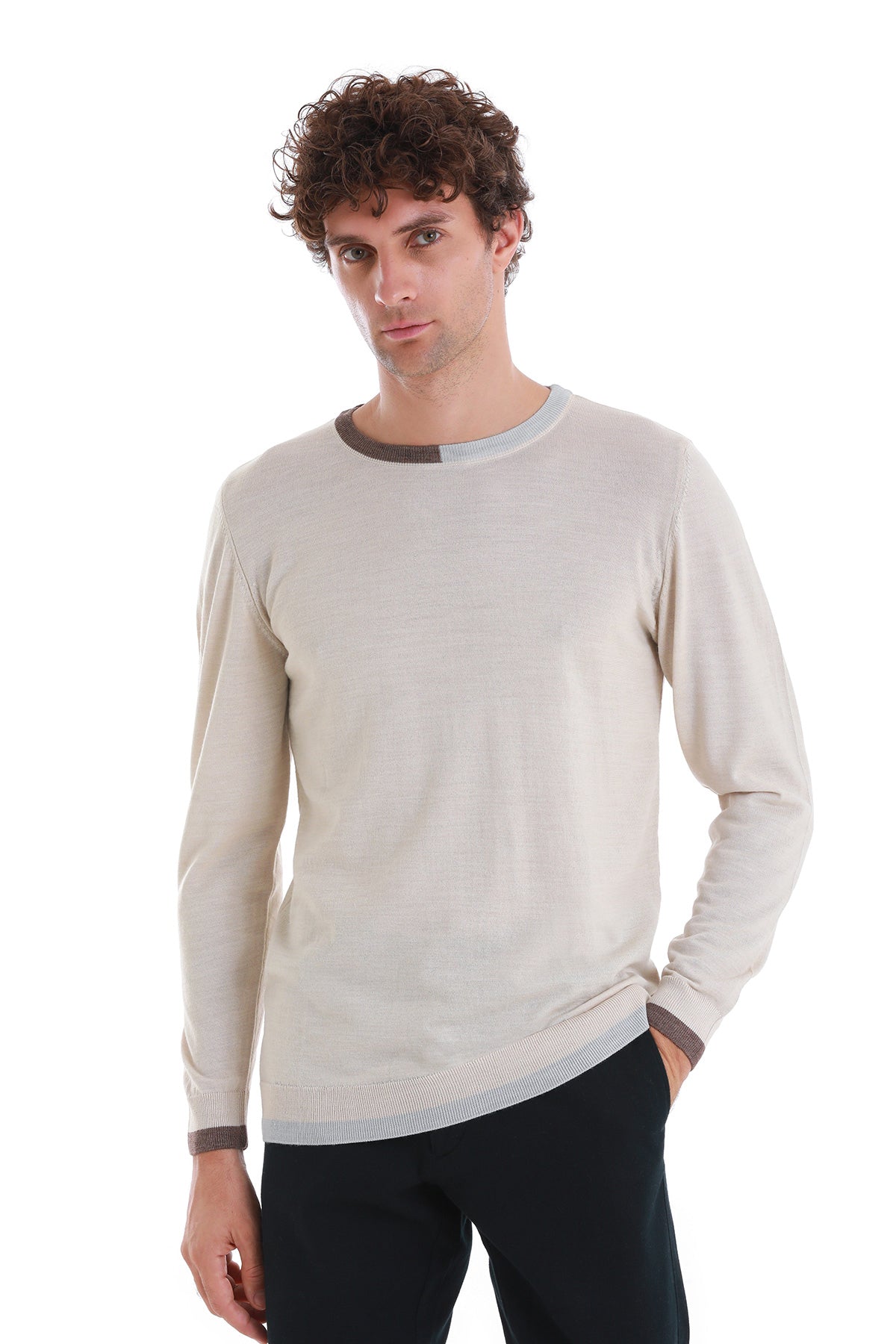 Regular Fit Beige Wool Blend Crewneck Sweater - SAYKI