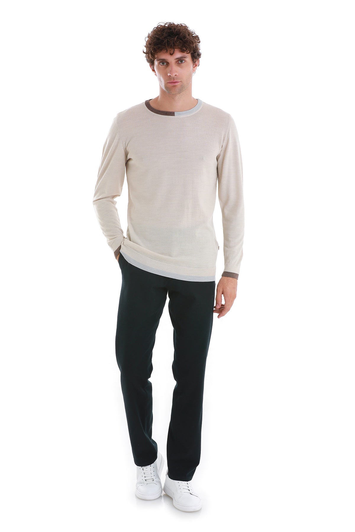 Regular Fit Beige Wool Blend Crewneck Sweater - SAYKI
