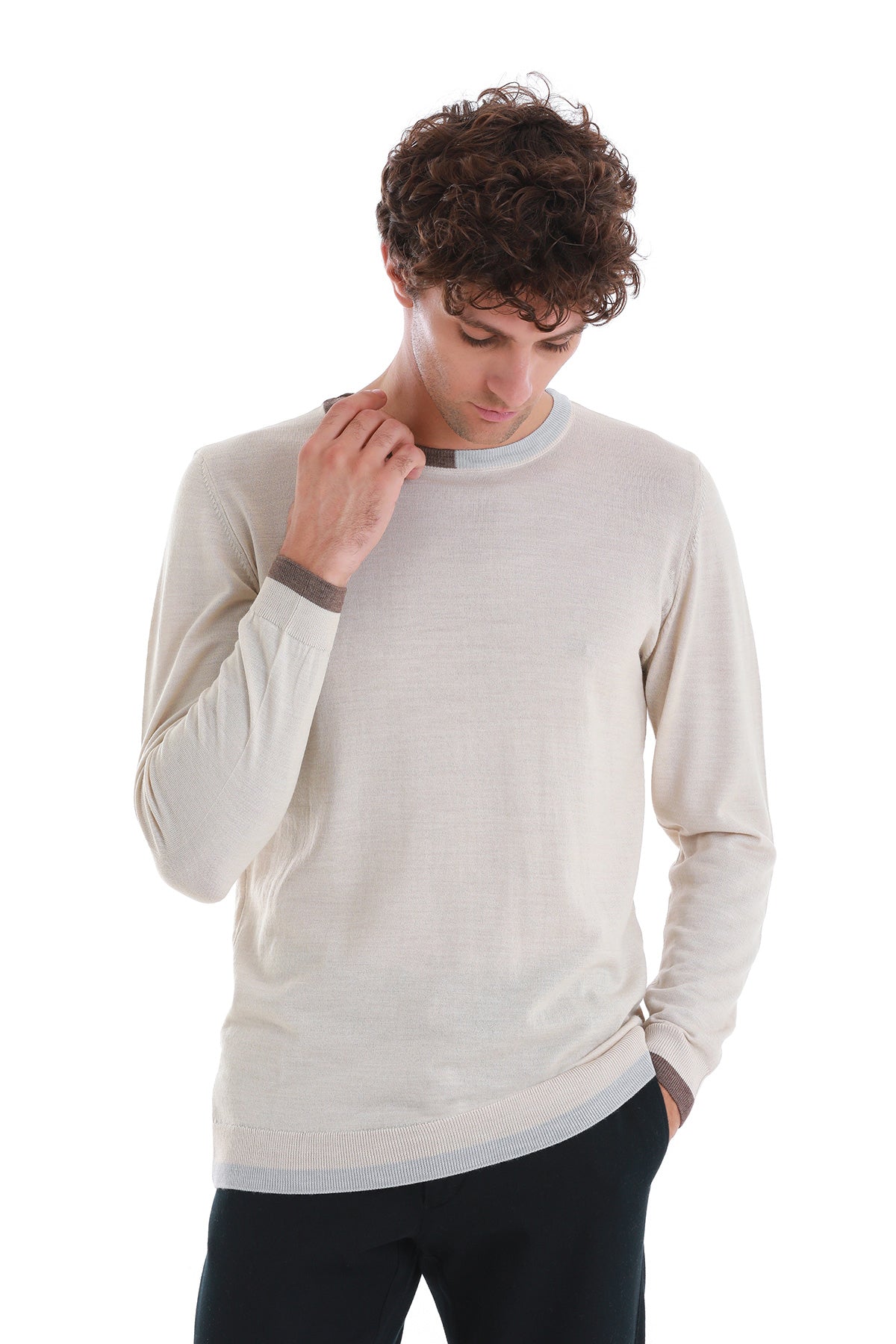 Regular Fit Beige Wool Blend Crewneck Sweater - SAYKI