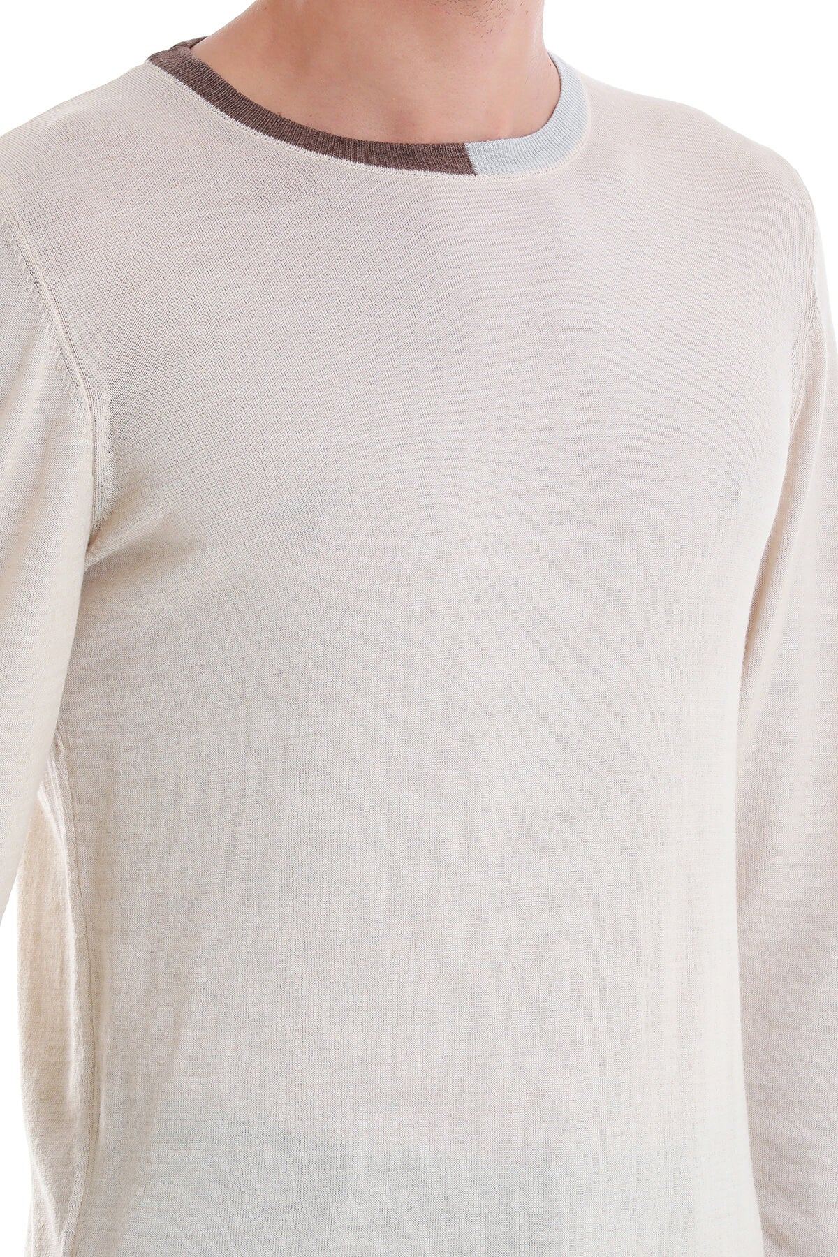 Regular Fit Beige Wool Blend Crewneck Sweater - SAYKI