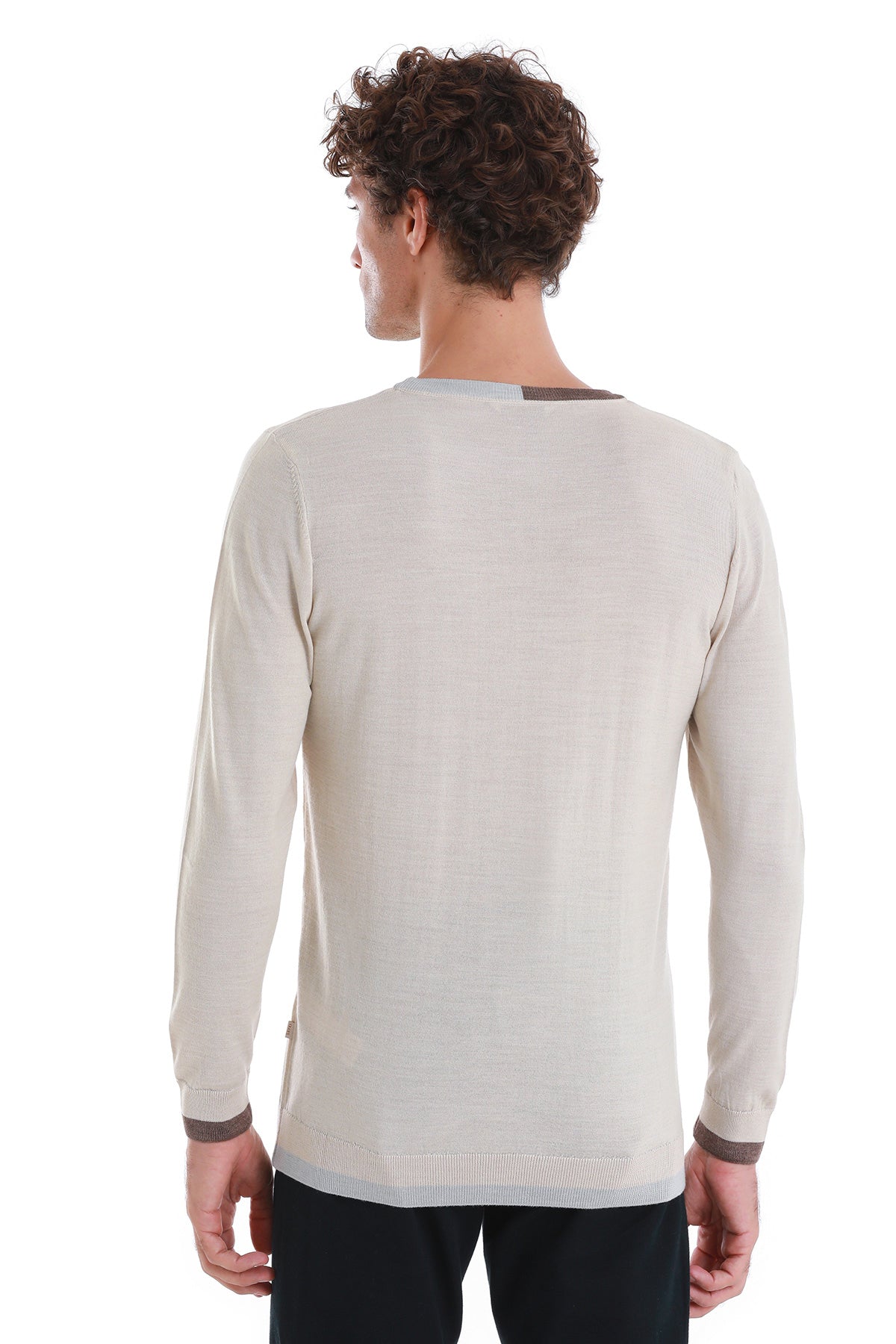 Regular Fit Beige Wool Blend Crewneck Sweater - SAYKI