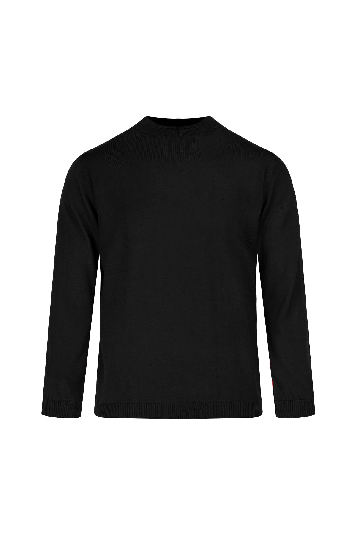 Regular fit black anti-pilling wool blend mock neck sweater with long sleeves and ribbed cuffs and hem