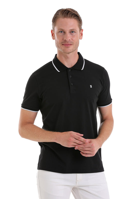 Black short-sleeved polo shirt with white trim on the collar and sleeve cuffs, featuring a small embroidered logo on the left chest.