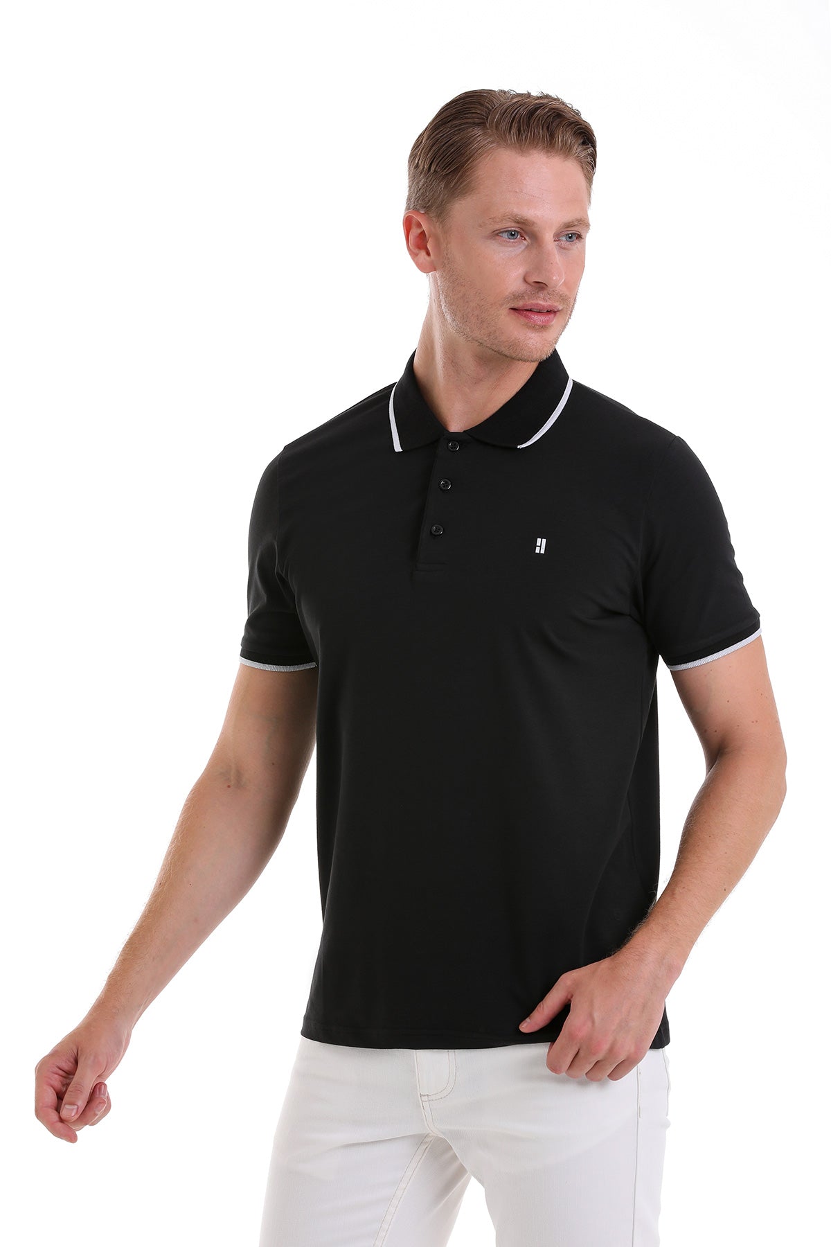 Regular Fit Black Basic 100% Cotton Polo T-Shirt - SAYKI