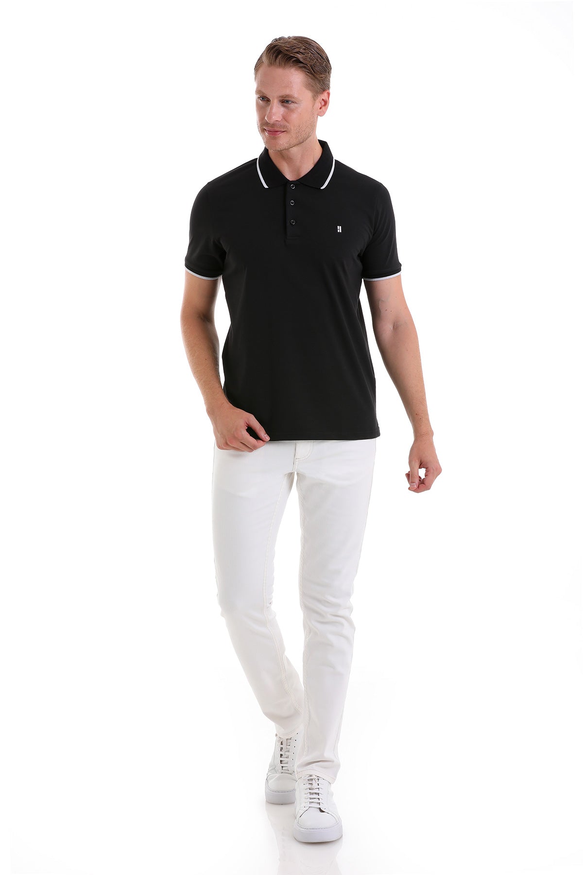 Regular Fit Black Basic 100% Cotton Polo T-Shirt - SAYKI