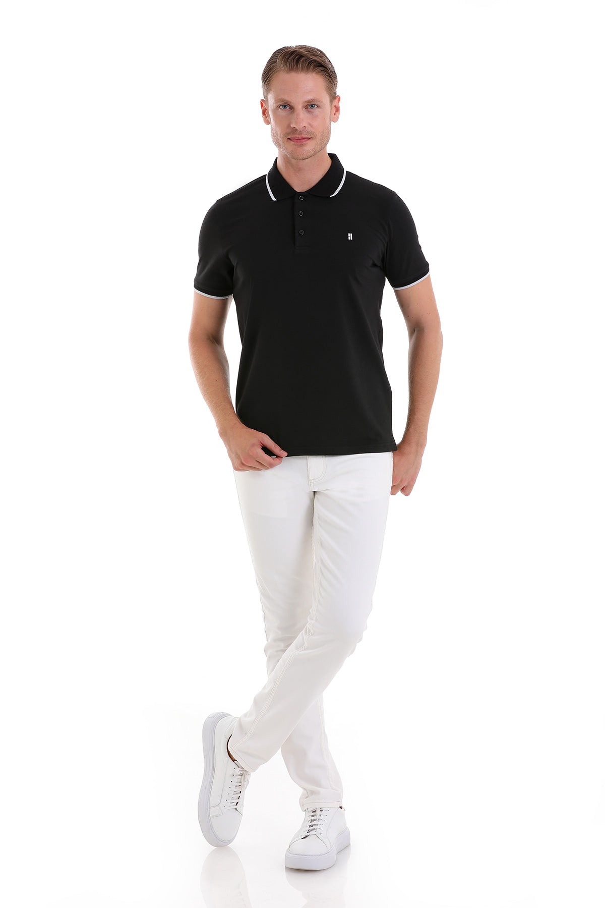 Regular Fit Black Basic 100% Cotton Polo T-Shirt - SAYKI