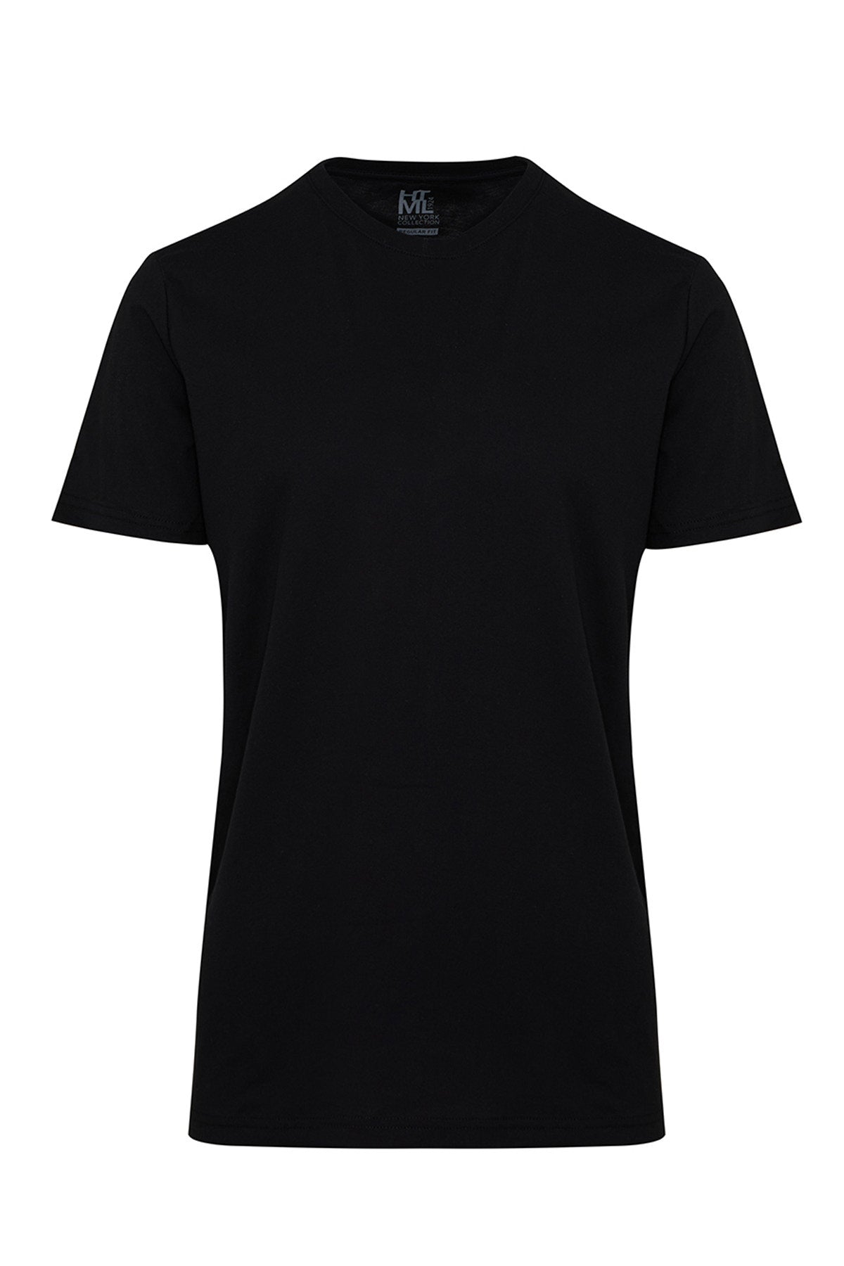 Black short-sleeved crew neck t-shirt with a minimalist design and subtle brand tag at the neckline.