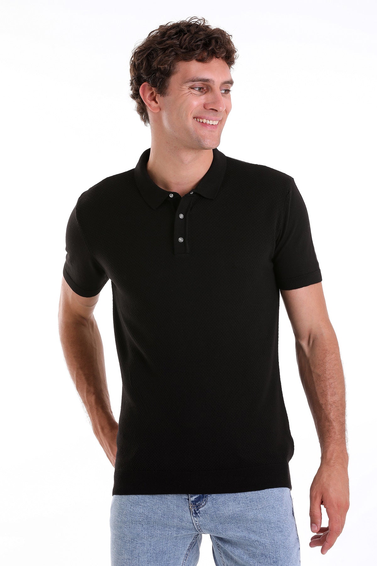 Regular Fit Black Cotton Blend Jacquard Polo T-Shirt - SAYKI