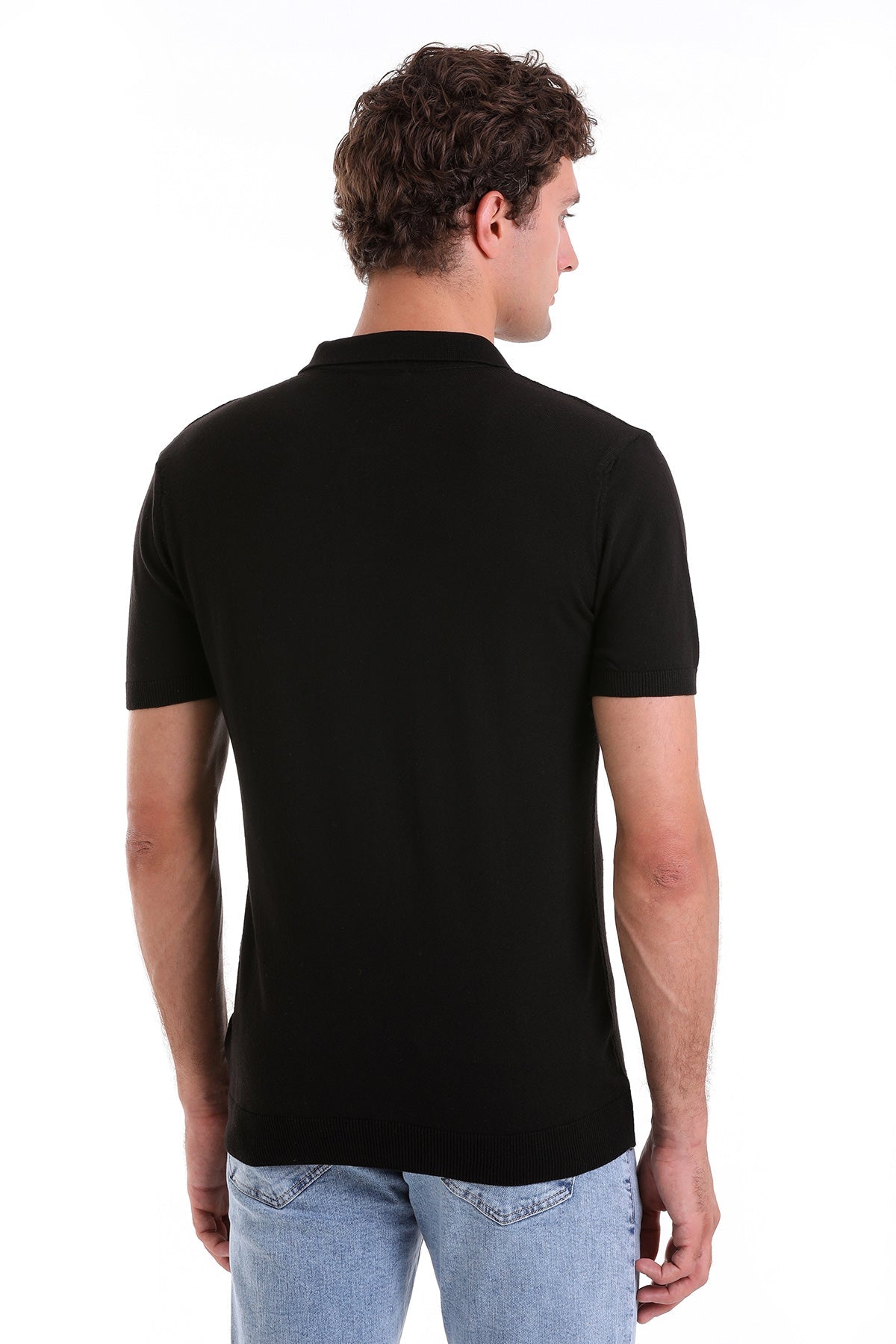 Regular Fit Black Cotton Blend Jacquard Polo T-Shirt - SAYKI