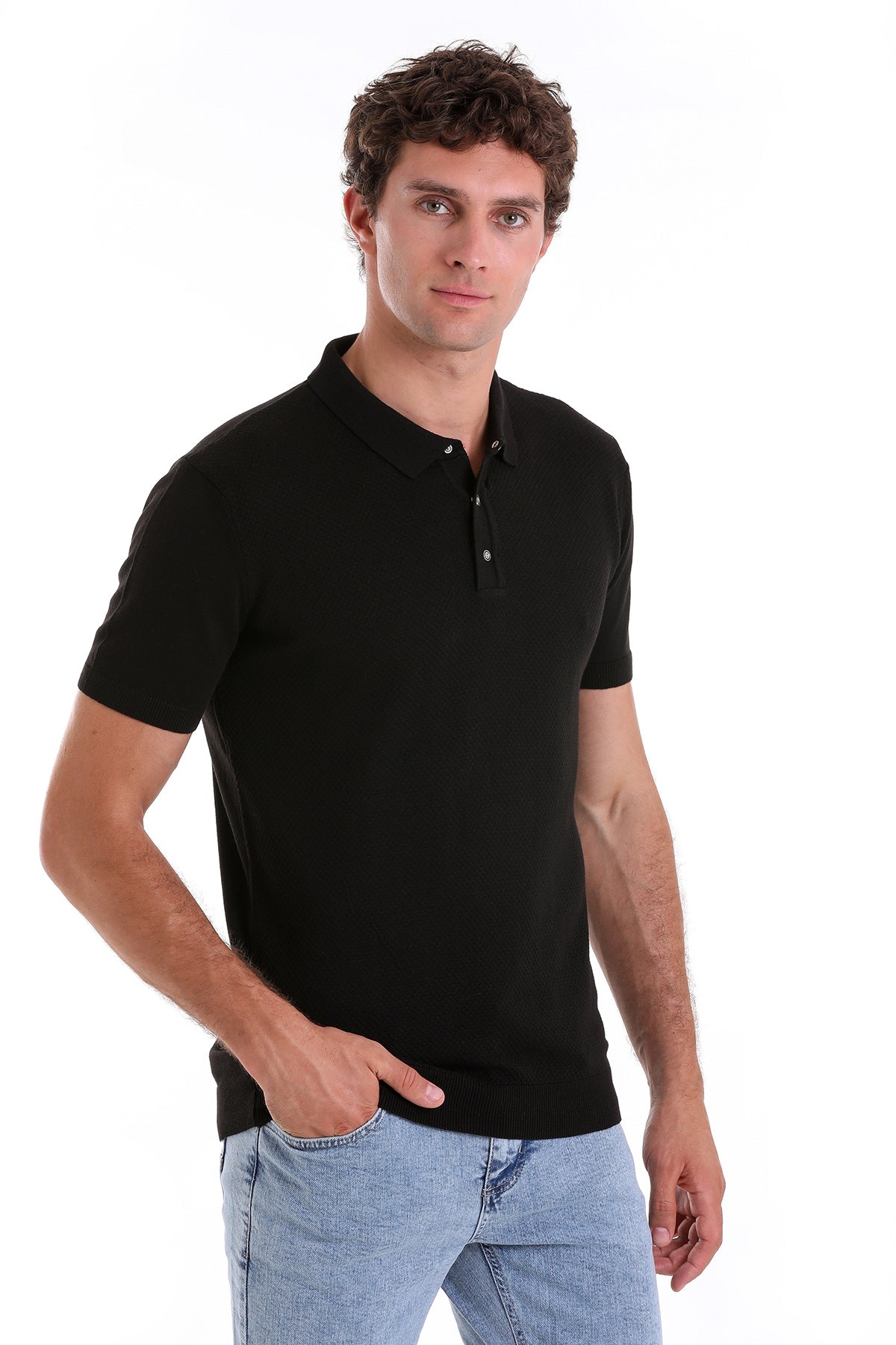 Regular Fit Black Cotton Blend Jacquard Polo T-Shirt - SAYKI