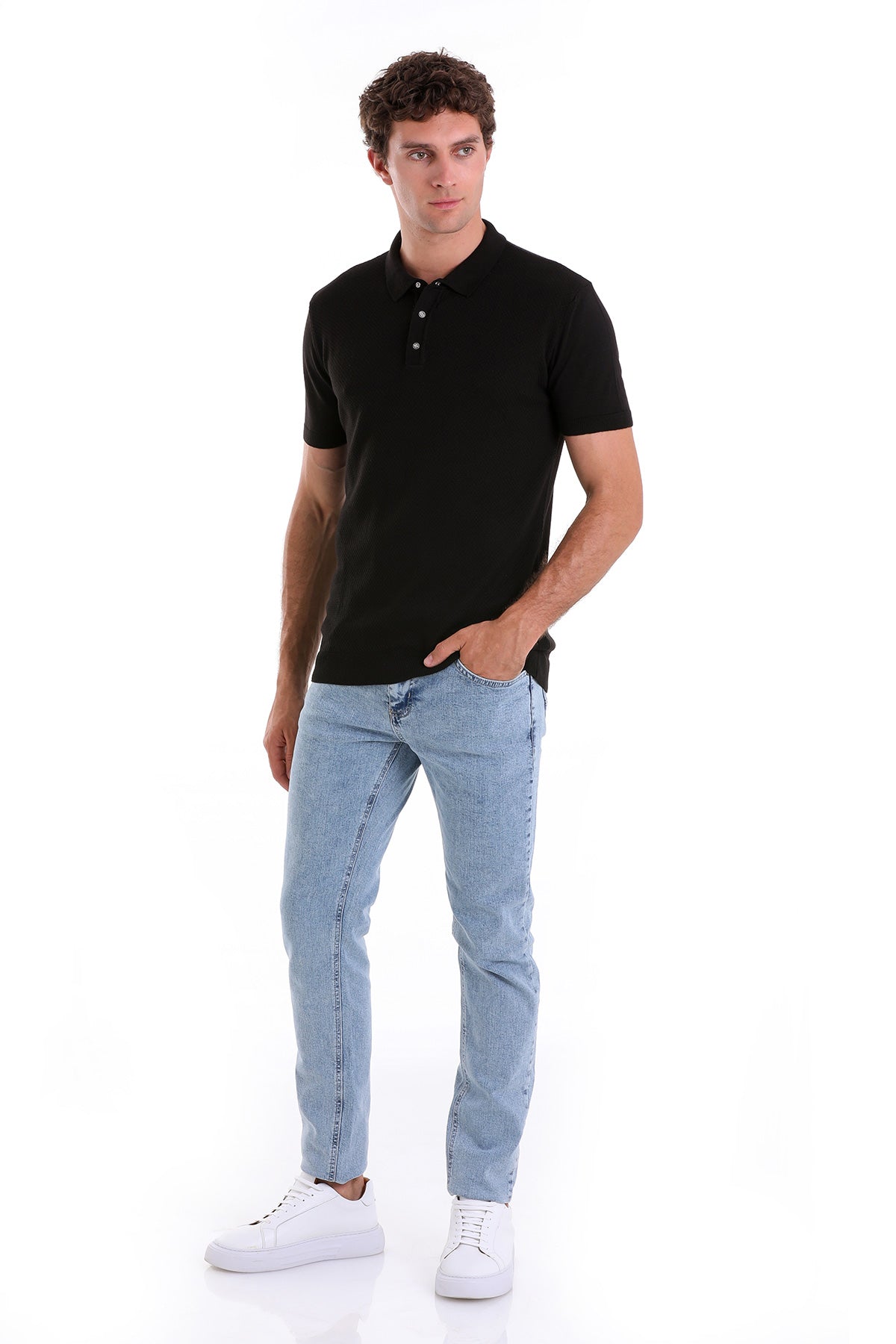 Regular Fit Black Cotton Blend Jacquard Polo T-Shirt - SAYKI