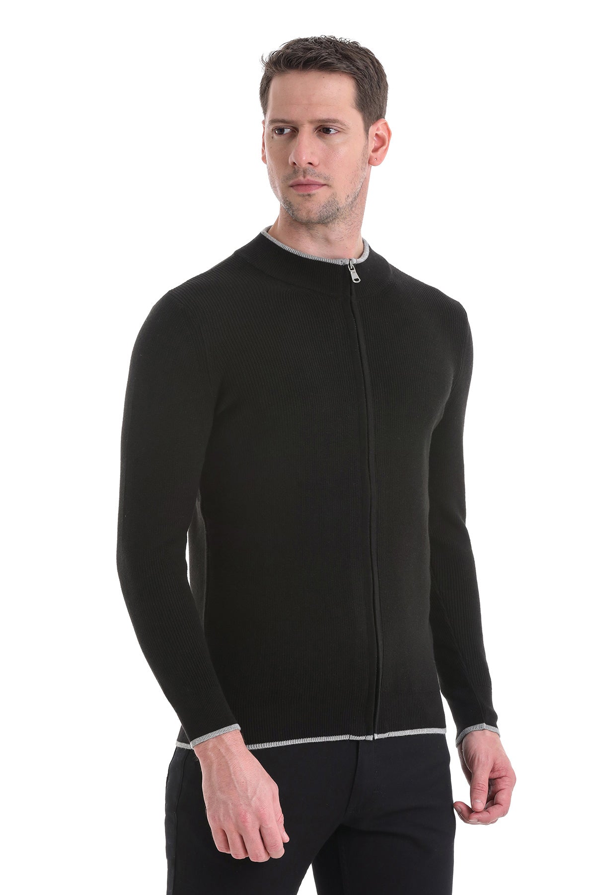 Regular Fit Black Cotton Blend Mock Neck Cardigan - SAYKI