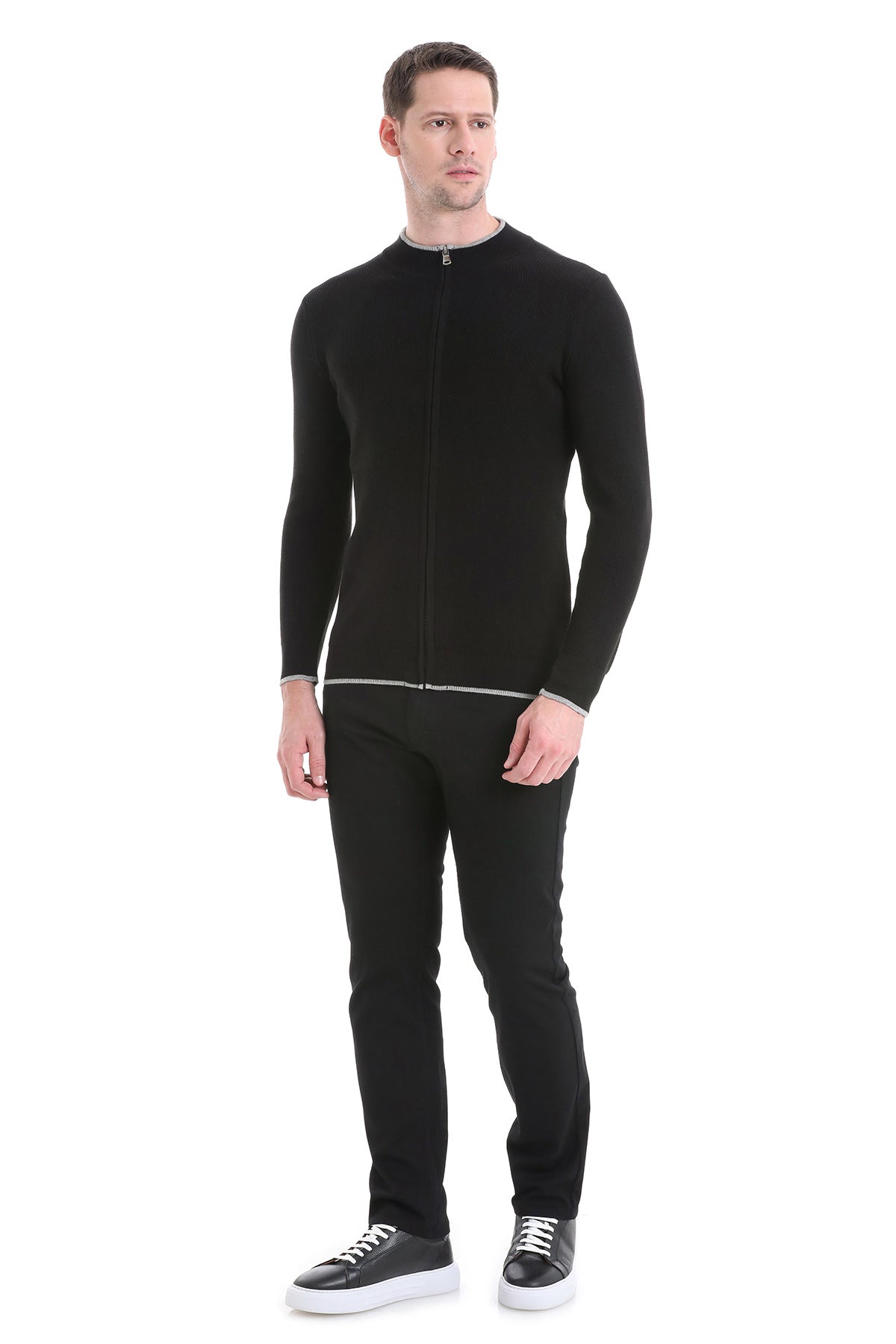 Regular Fit Black Cotton Blend Mock Neck Cardigan - SAYKI