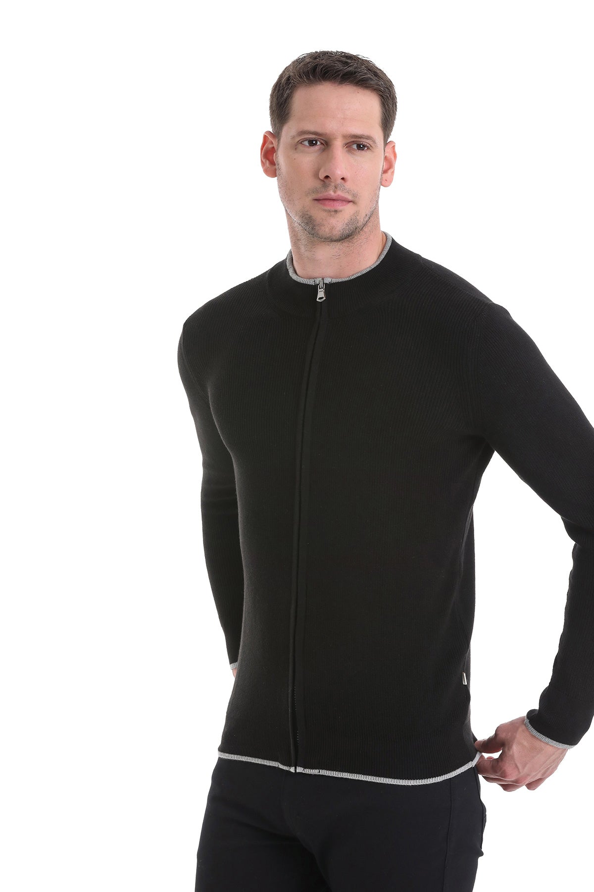 Regular Fit Black Cotton Blend Mock Neck Cardigan - SAYKI