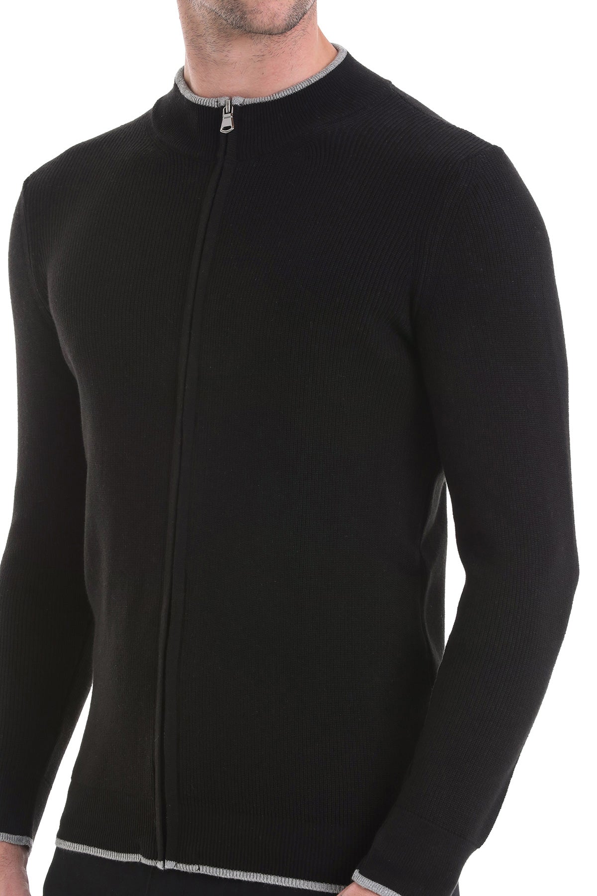 Regular Fit Black Cotton Blend Mock Neck Cardigan - SAYKI