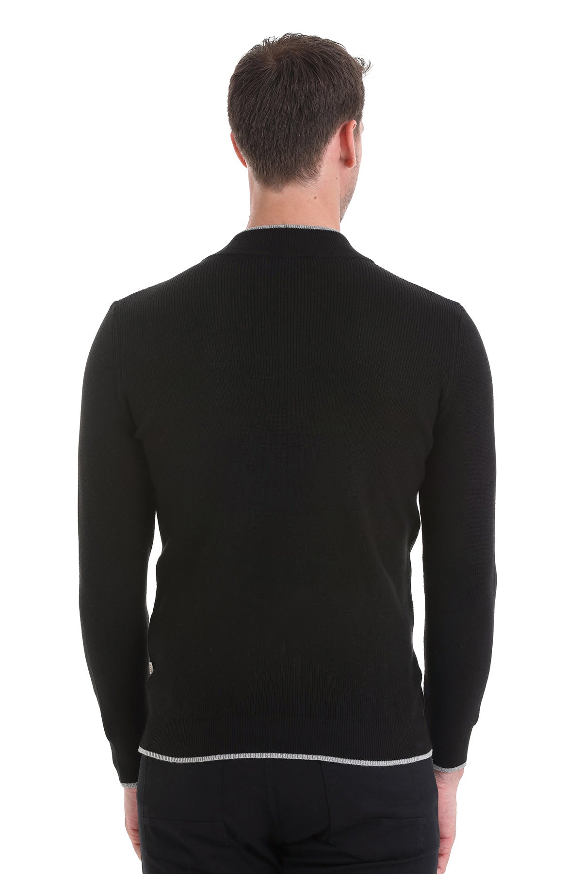 Regular Fit Black Cotton Blend Mock Neck Cardigan - SAYKI