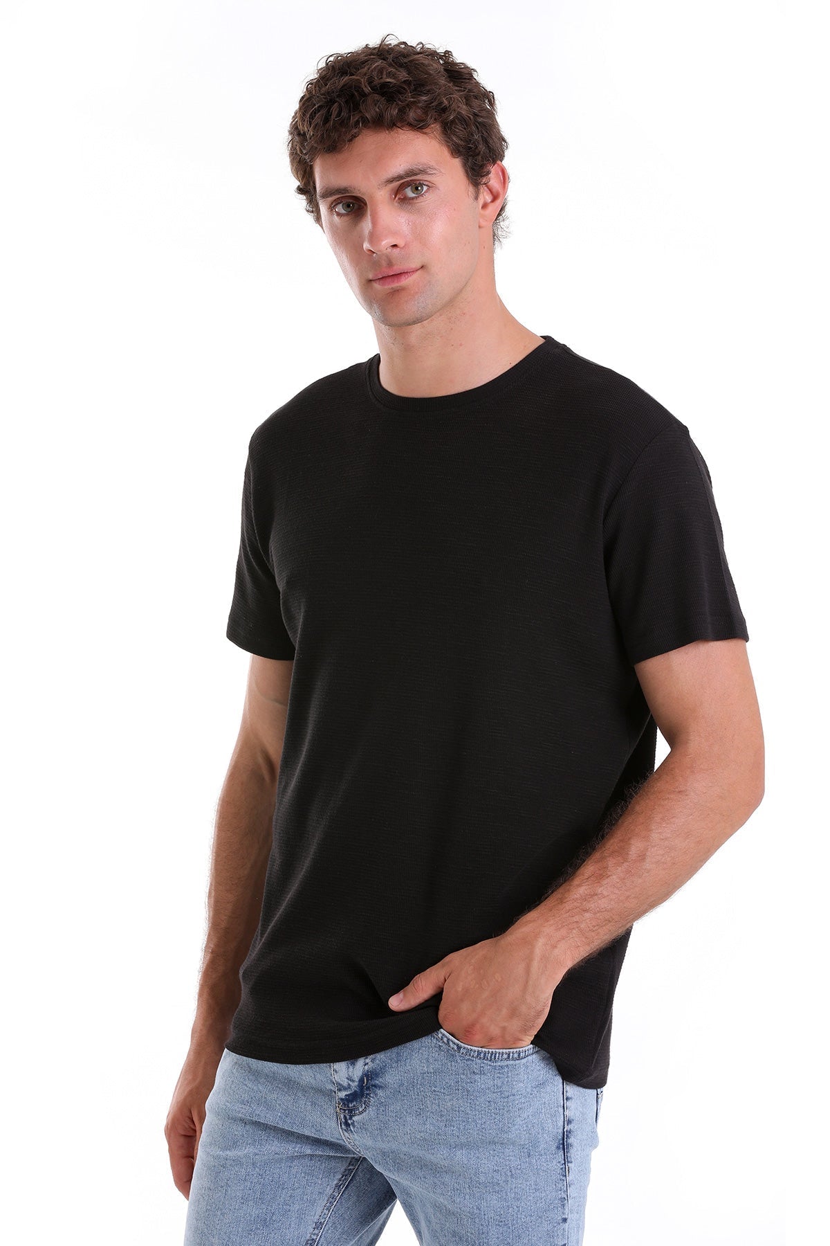 Regular Fit Black Cotton Crew Neck T-Shirt - SAYKI