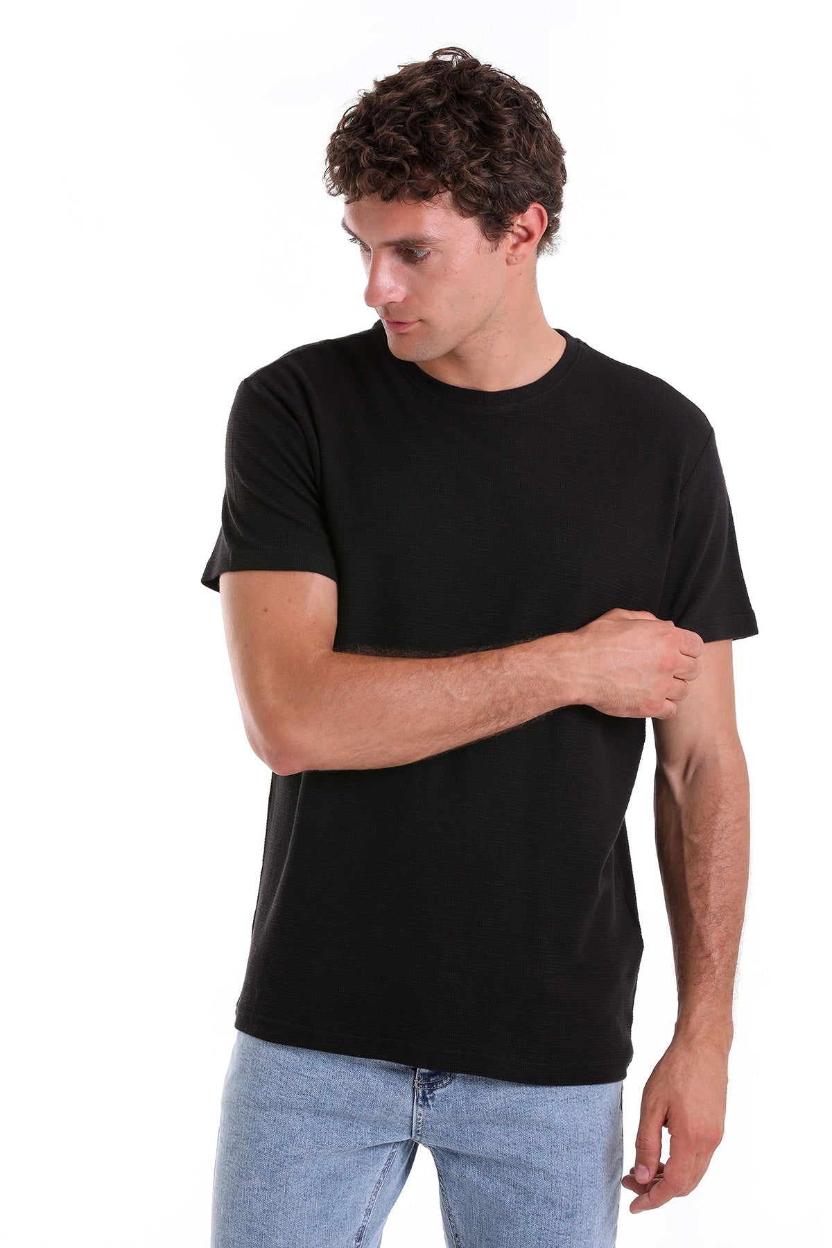 Regular Fit Black Cotton Crew Neck T-Shirt - SAYKI