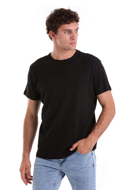 Regular Fit Black Cotton Crew Neck T-Shirt - SAYKI