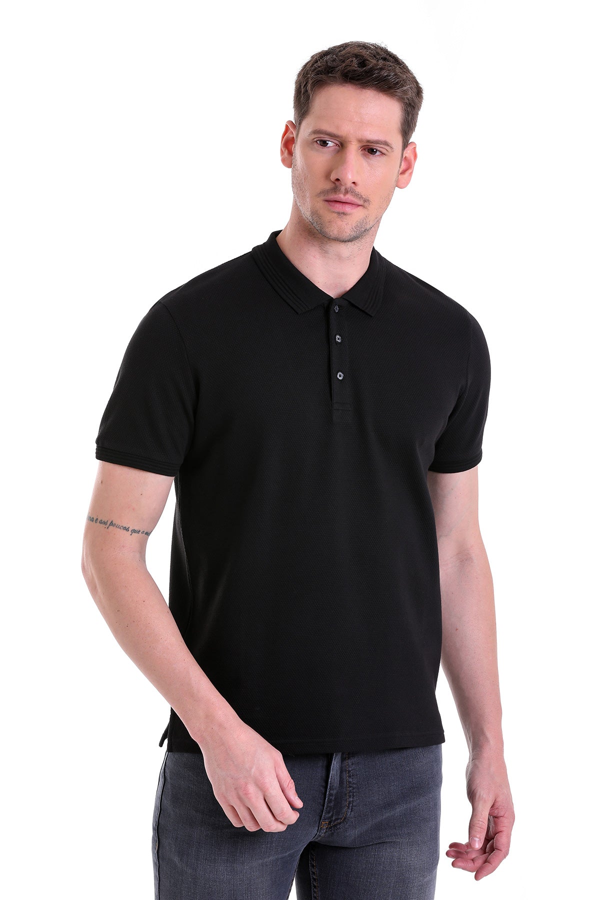 Regular Fit Black Cotton Polo T-Shirt - SAYKI