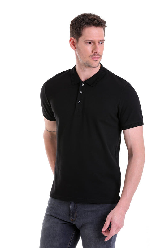 Black short-sleeved polo shirt with a classic collar and button placket.